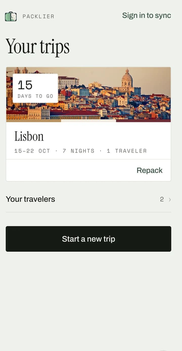 Packlier app, Your trips: Lisbon, 15 days to go, with Repack and Start a new trip