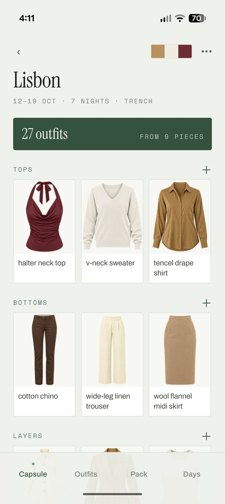 Packlier app, Capsule tab: Lisbon in the Trench palette, 27 outfits from 9 pieces, with tops and bottoms in a grid