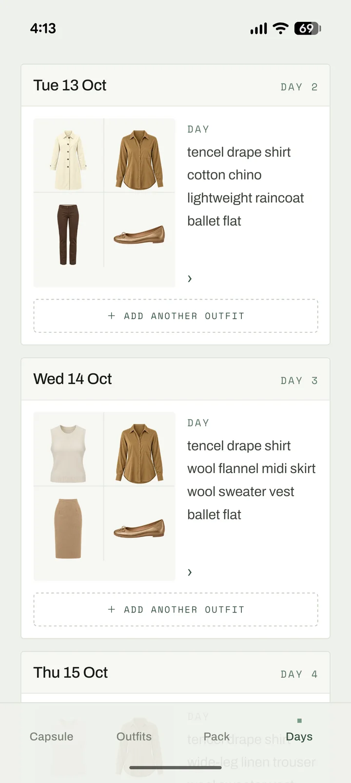Packlier app, Days tab: an outfit planned for Tuesday 13 and Wednesday 14 October