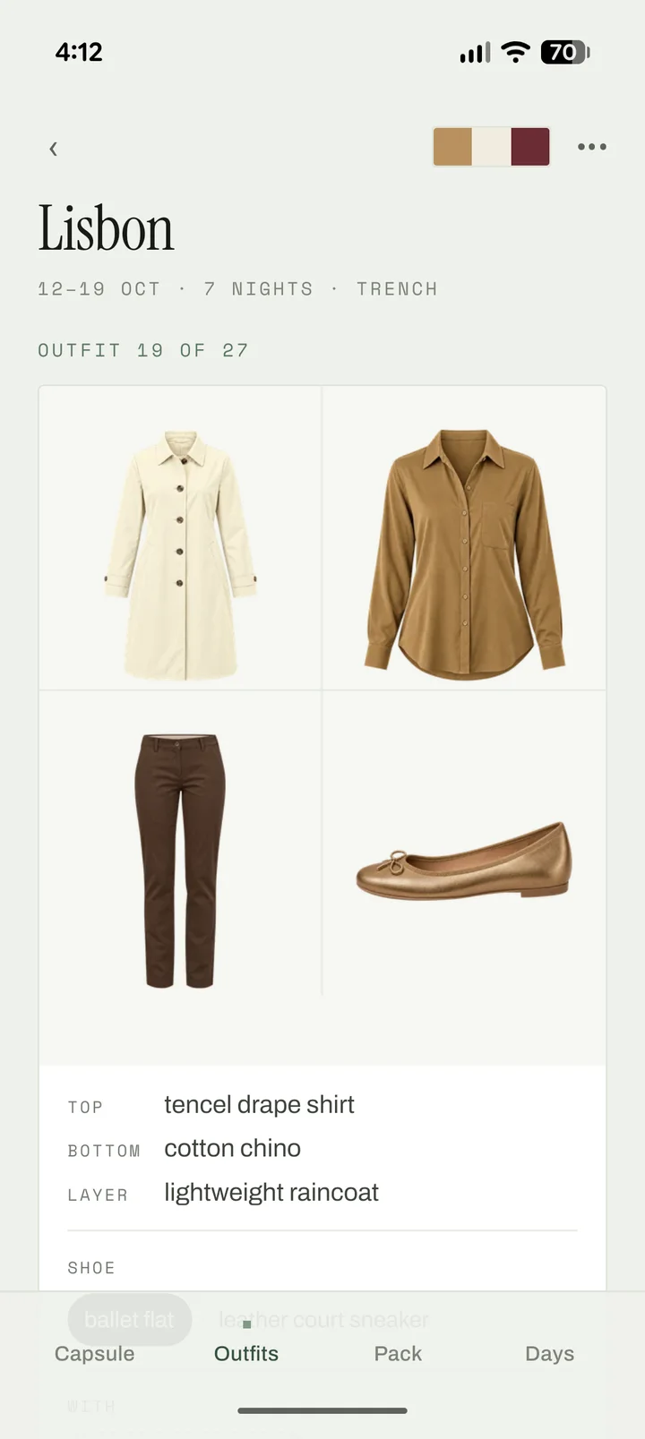 Packlier app, Outfits tab: outfit 19 of 27, a tencel drape shirt, cotton chino, lightweight raincoat and ballet flat