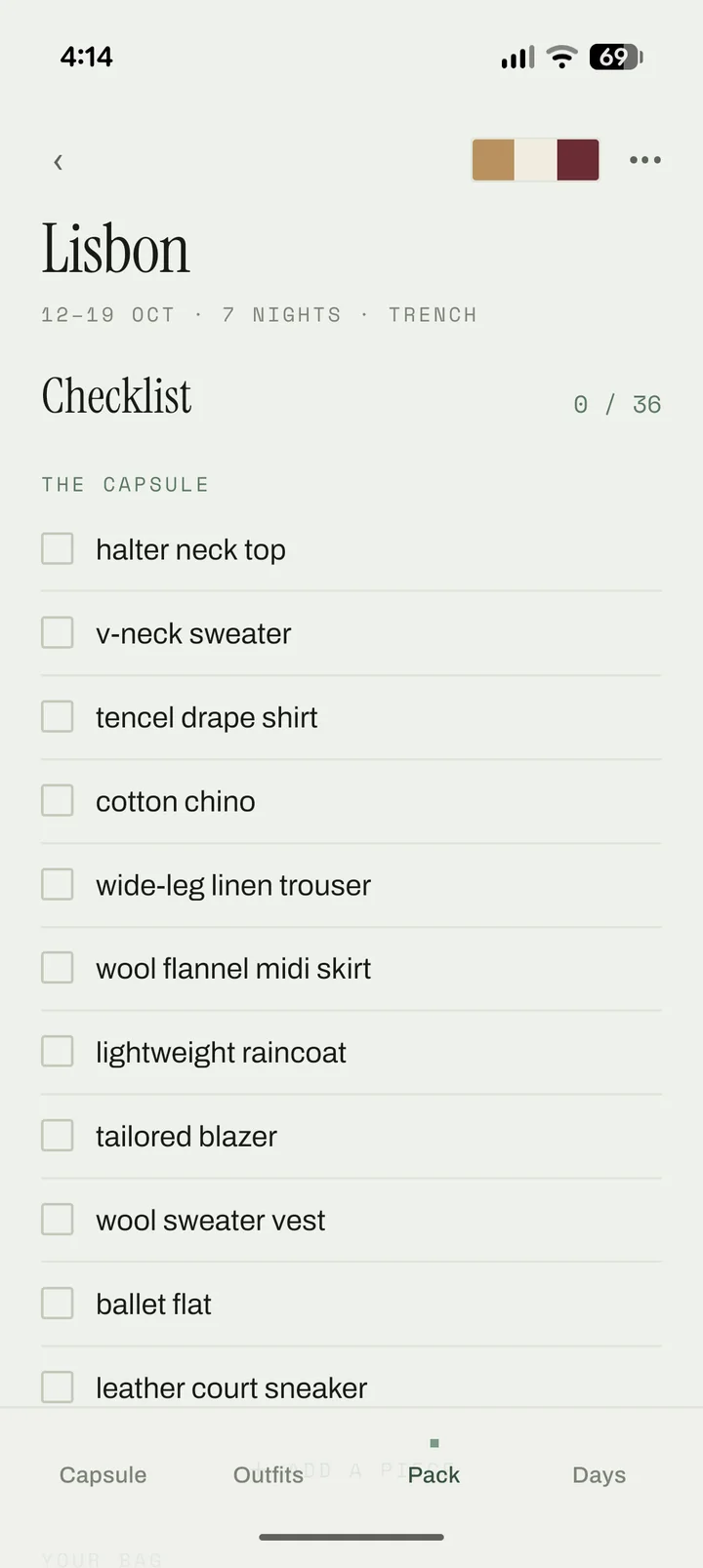 Packlier app, Pack tab: a checklist of the capsule pieces, 0 of 36 packed